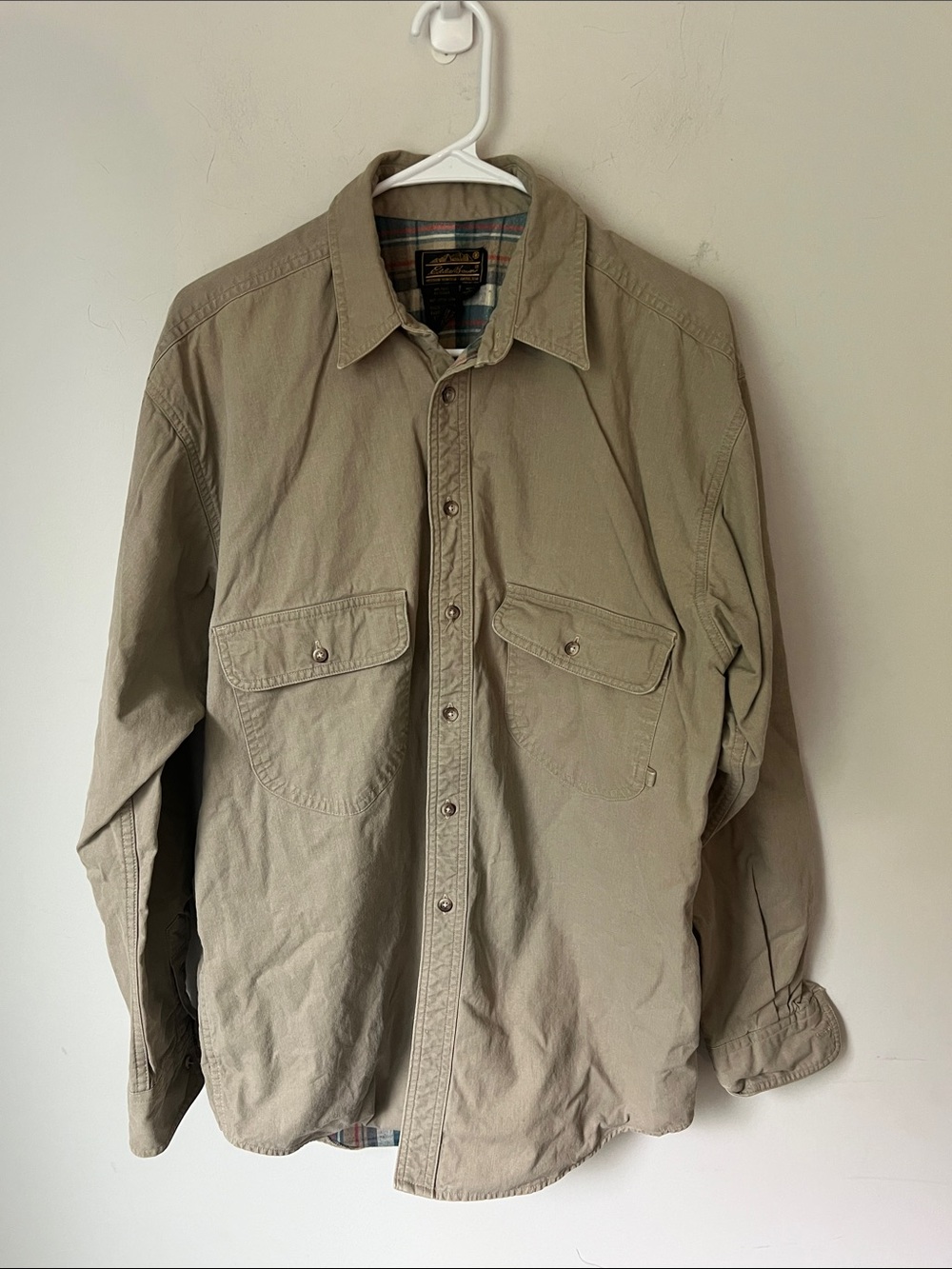 Eddie Bauer USA Made Khaki Chamois Cloth Buttonup Shirt Men’s M 100% Cotton 🔲🦋